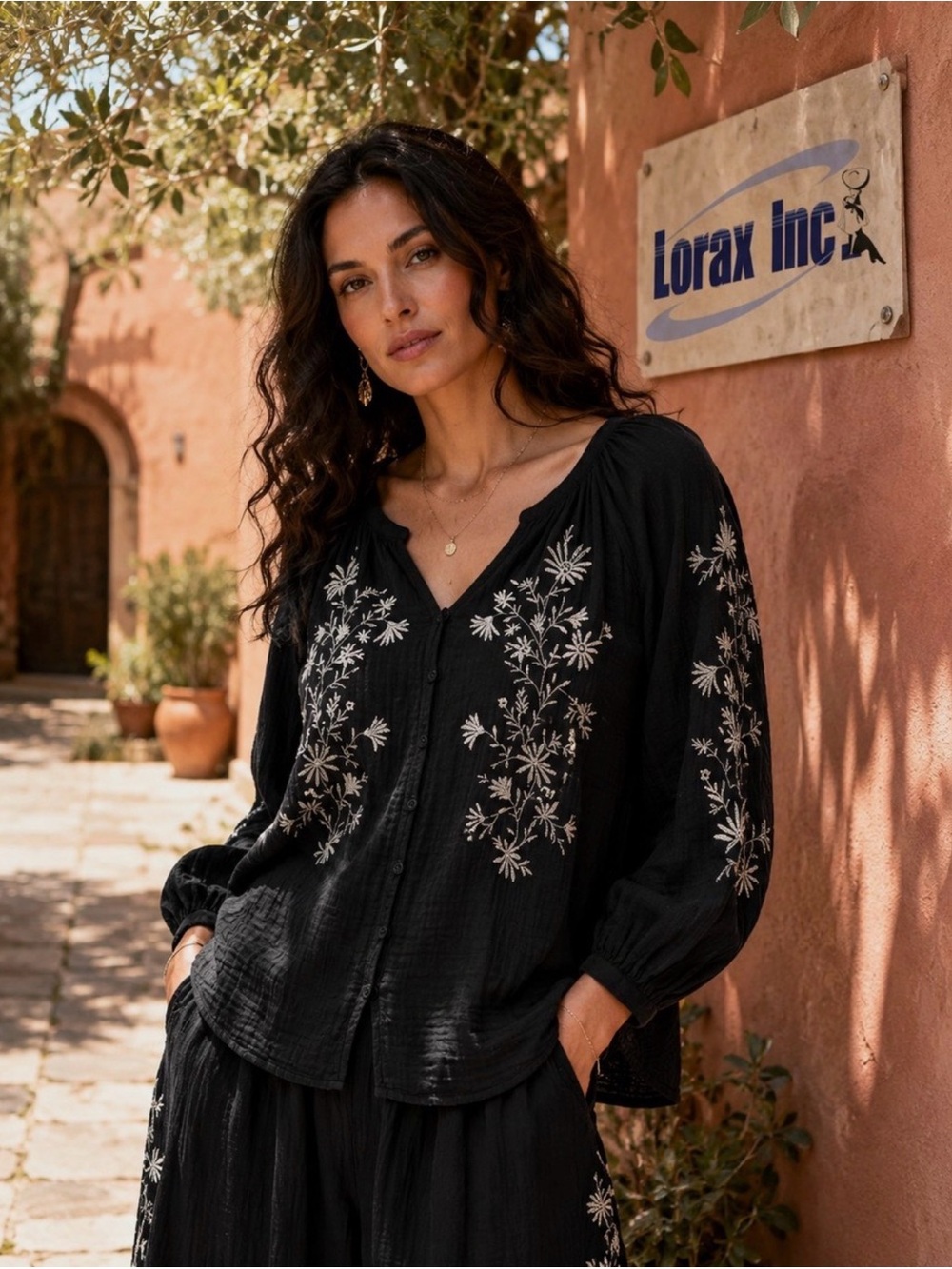 Style&Co Petite- Women's Black Embroidered Button-Front Blouse